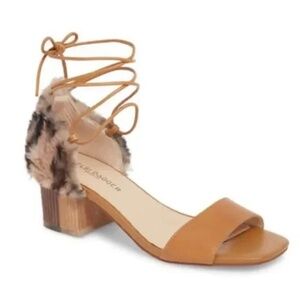 Kelsi Dagger Sandal Leather Sam Brown Faux Fur Block Heel Ankle Strap Size 6